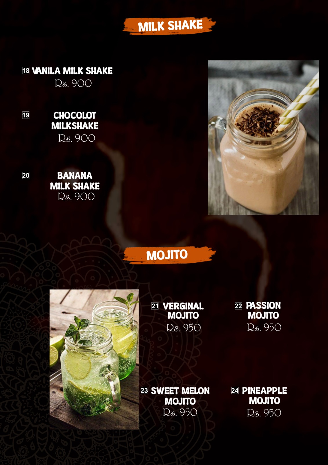Hambu Café menu board — Milk Shake and Mojito page listing Vanilla, Chocolate and Banana milk shakes plus Virgin, Passion, Sweet Melon and Pineapple mojitos with prices